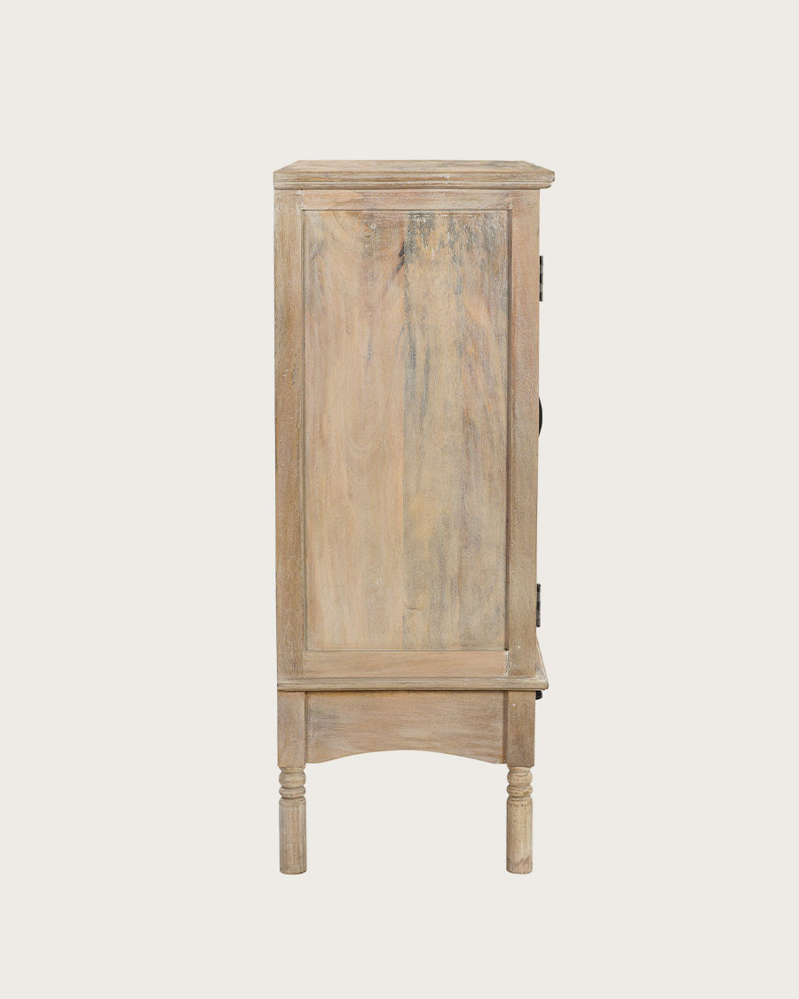 Mala - Hohes Sideboard mit 2 Türen aus massivem geschnitztem Mangoholz 85 cm