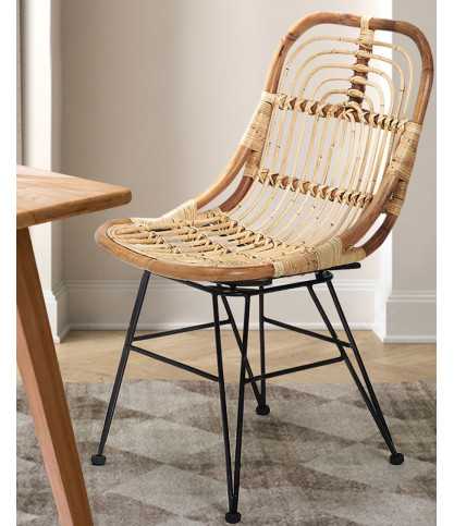 Villa - Lot de 4 chaises en rotin naturel et pied métal