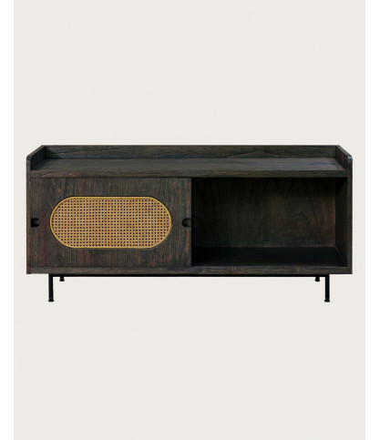 Sanaa - Black TV stand with sliding door in solid Mindy wood and caning