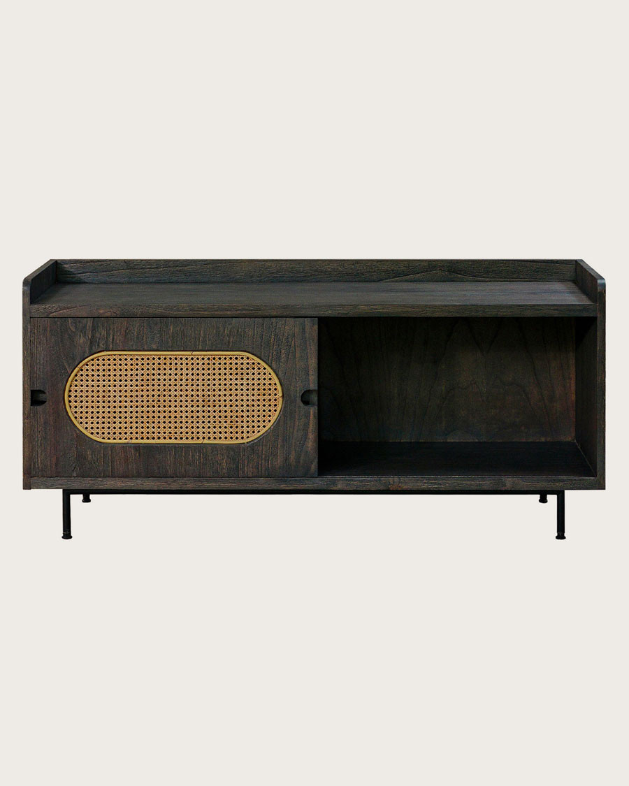 Sanaa - Black TV stand with sliding door in solid Mindy wood and caning