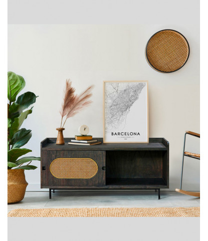 Sanaa - Black TV cabinet with sliding door in solid Mindy and canework