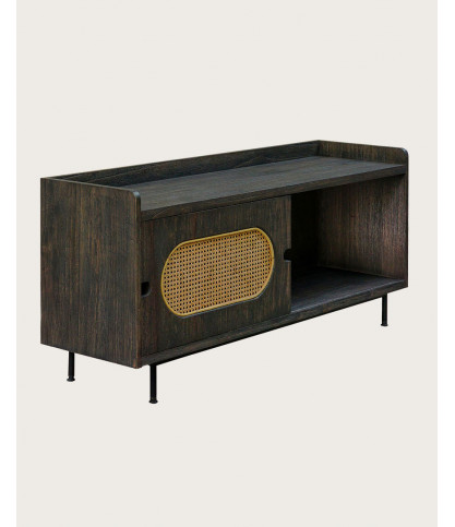 Sanaa - Black TV cabinet with sliding door in solid Mindy and canework