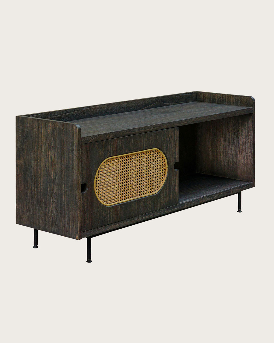 Sanaa - Black TV cabinet with sliding door in solid Mindy and canework