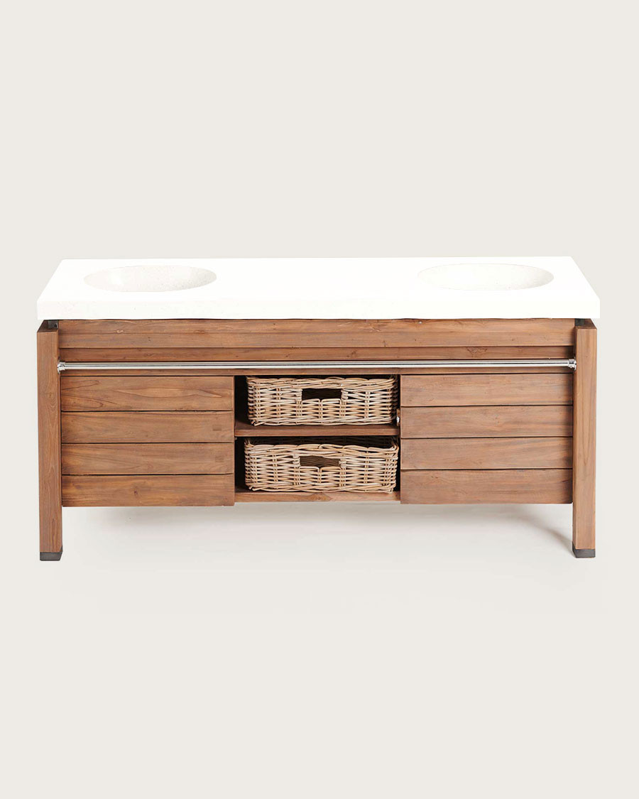 Harmonie - Badezimmerschrank aus Teakholz und weißem Terrazzomarmor 165 cm