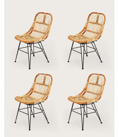Villa - Set of 4 natural rattan chairs with metal legs