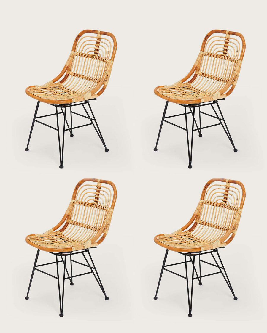 Villa - Set of 4 natural rattan chairs with metal legs