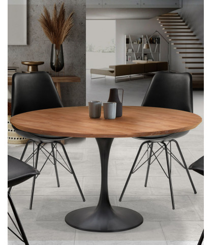 Eclipse – Runder Esstisch im Industrial-Stil aus massivem Teakholz mit Metallgestell