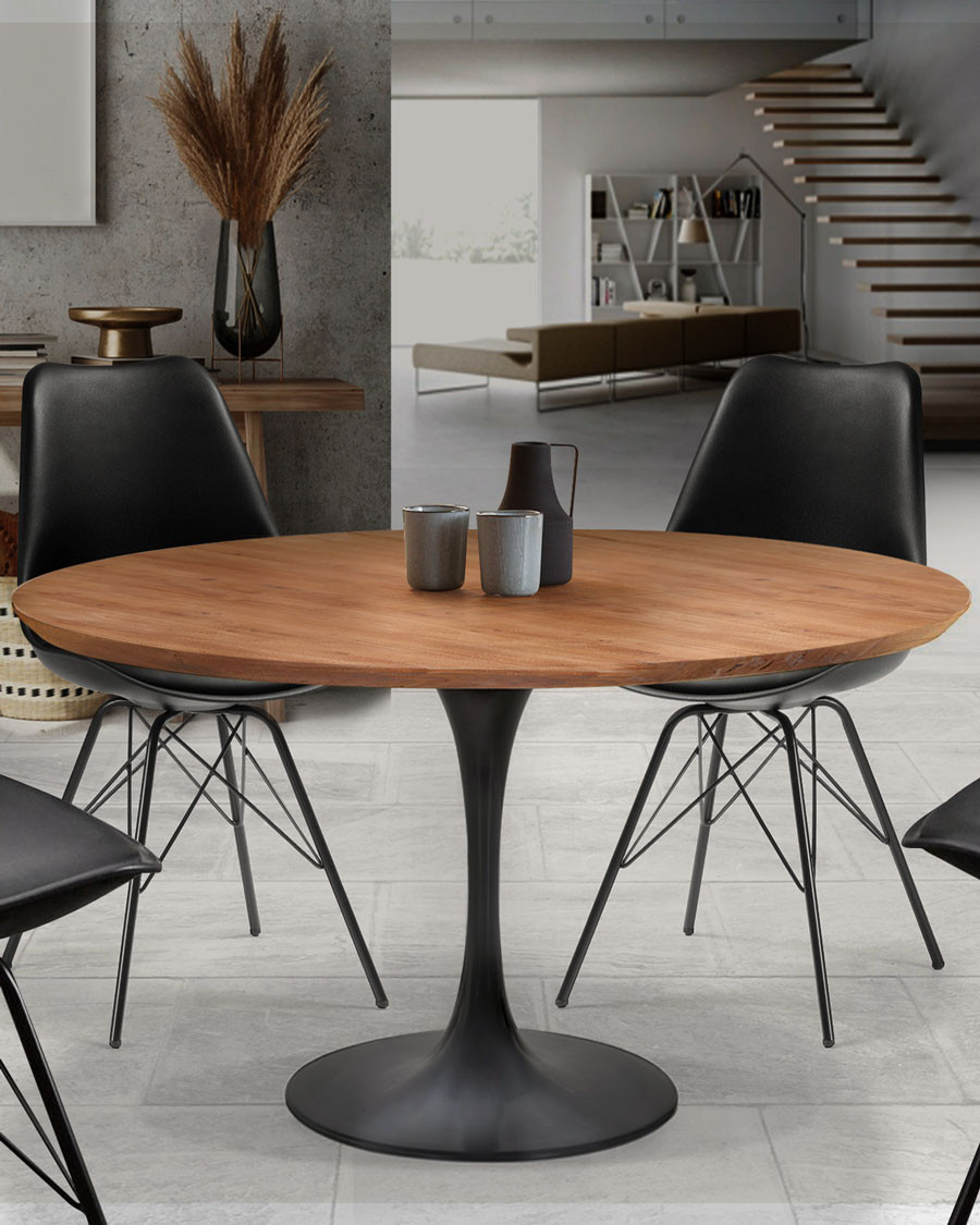Eclipse - Ronde industriële eettafel van massief teakhout met metalen onderstel.