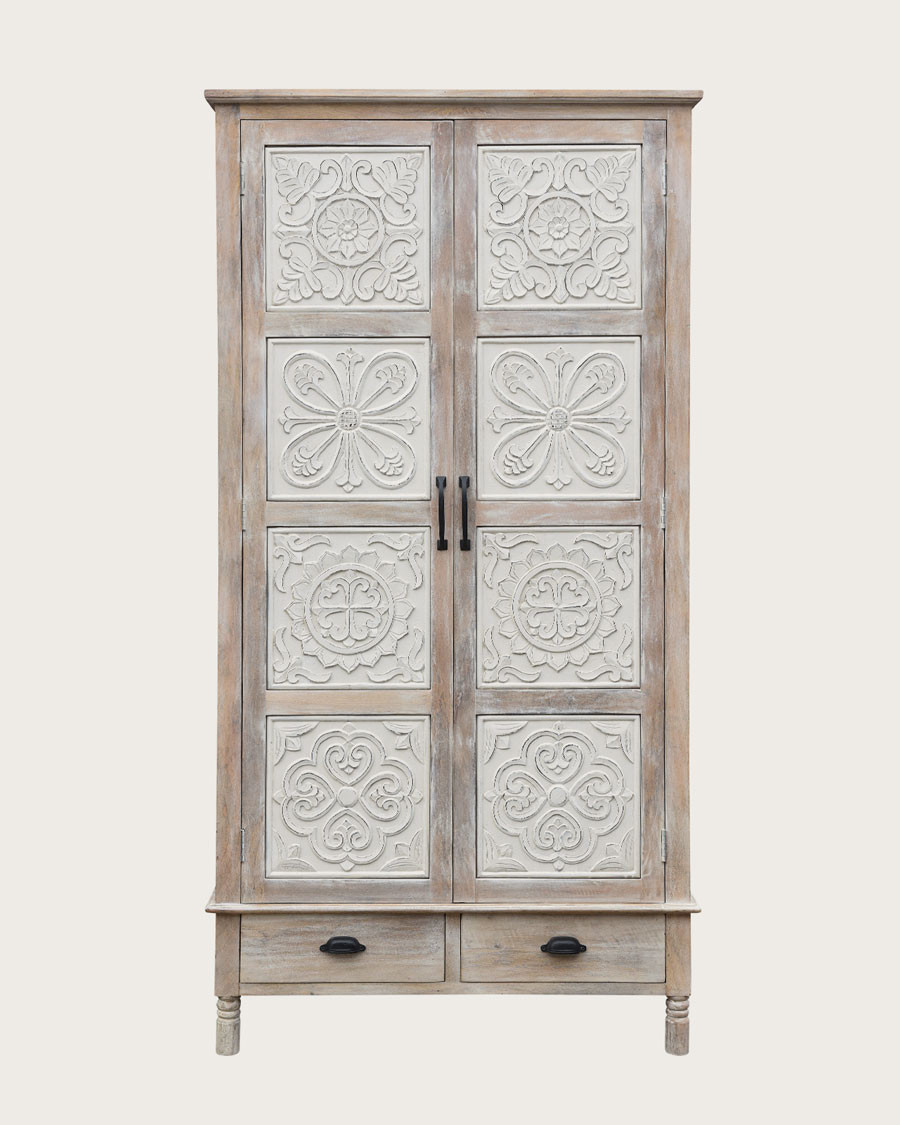 Mala - 2-door wardrobe in solid limed mango wood