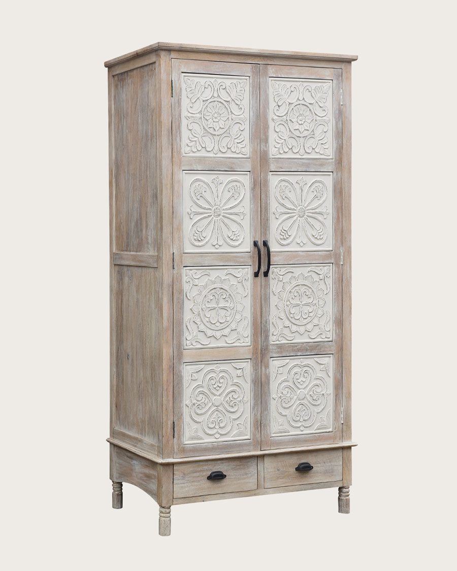 Mala - 2-door wardrobe in solid limed mango wood