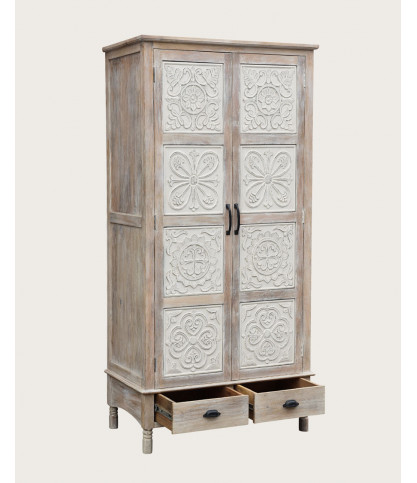 Mala - 2-door wardrobe in solid limed mango wood