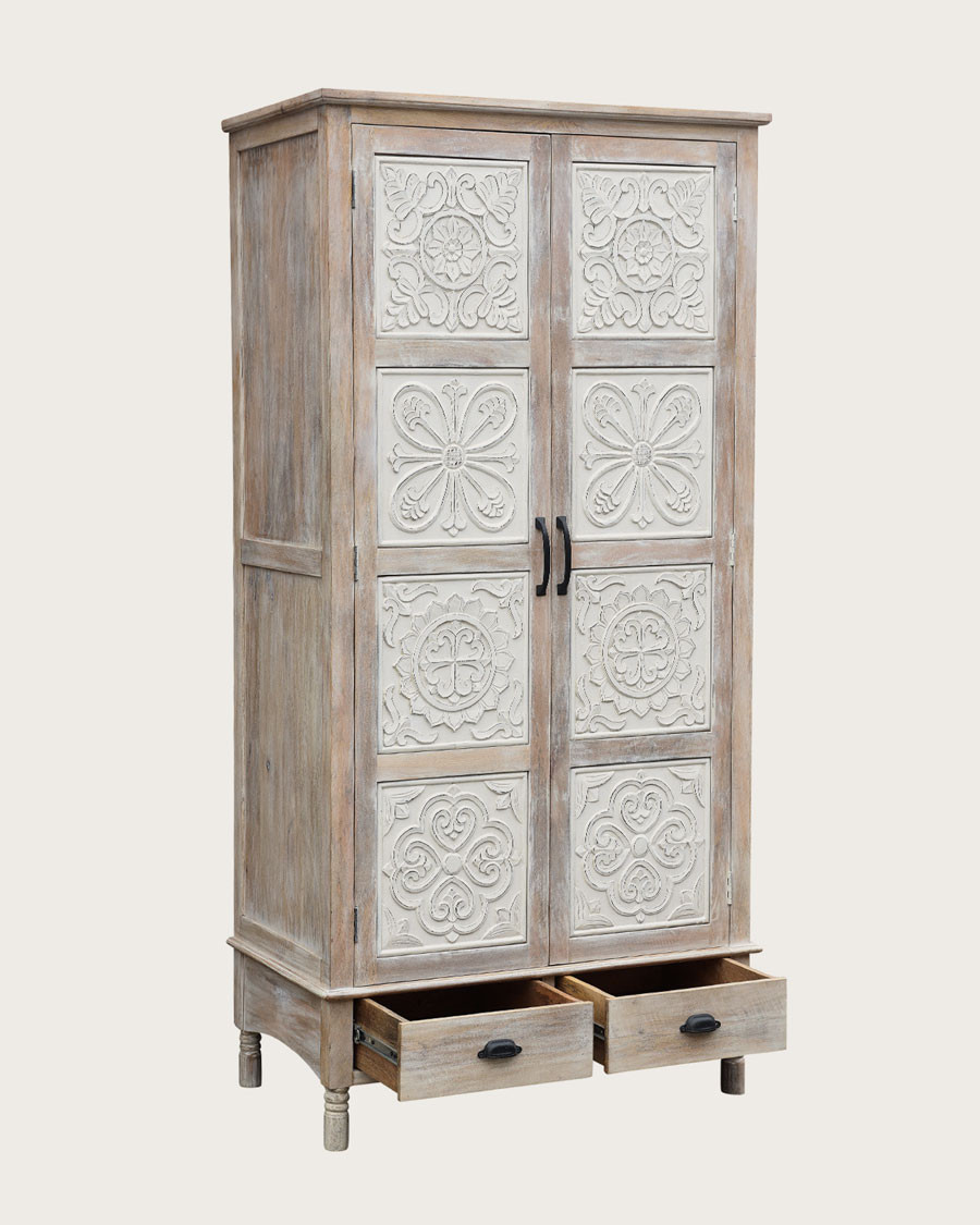 Mala - 2-door wardrobe in solid limed mango wood