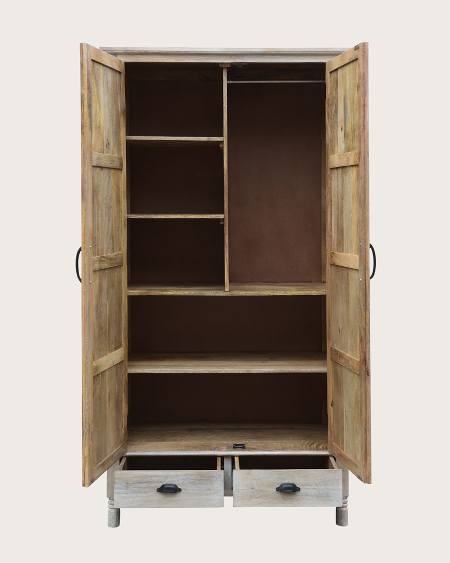 Mala - 2-door wardrobe in solid limed mango wood