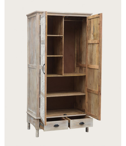 Mala - 2-door wardrobe in solid limed mango wood