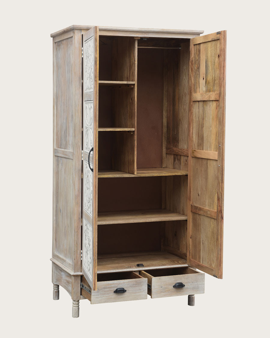 Mala - 2-door wardrobe in solid limed mango wood