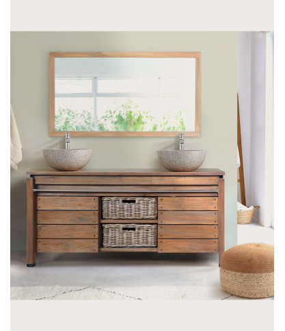 Borneo - Double sink unit with wooden top and rattan basket