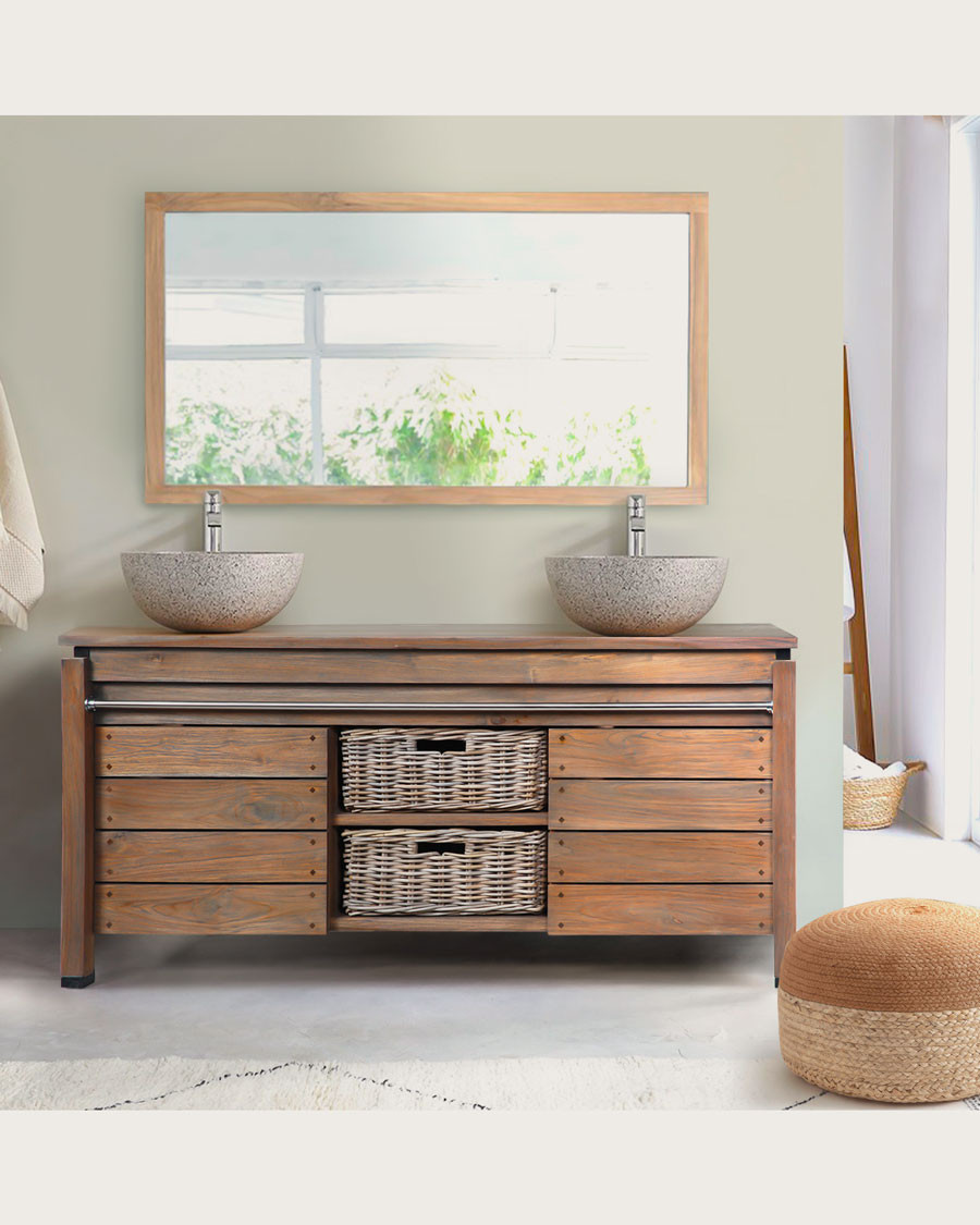 Borneo - Double sink unit with wooden top and rattan basket