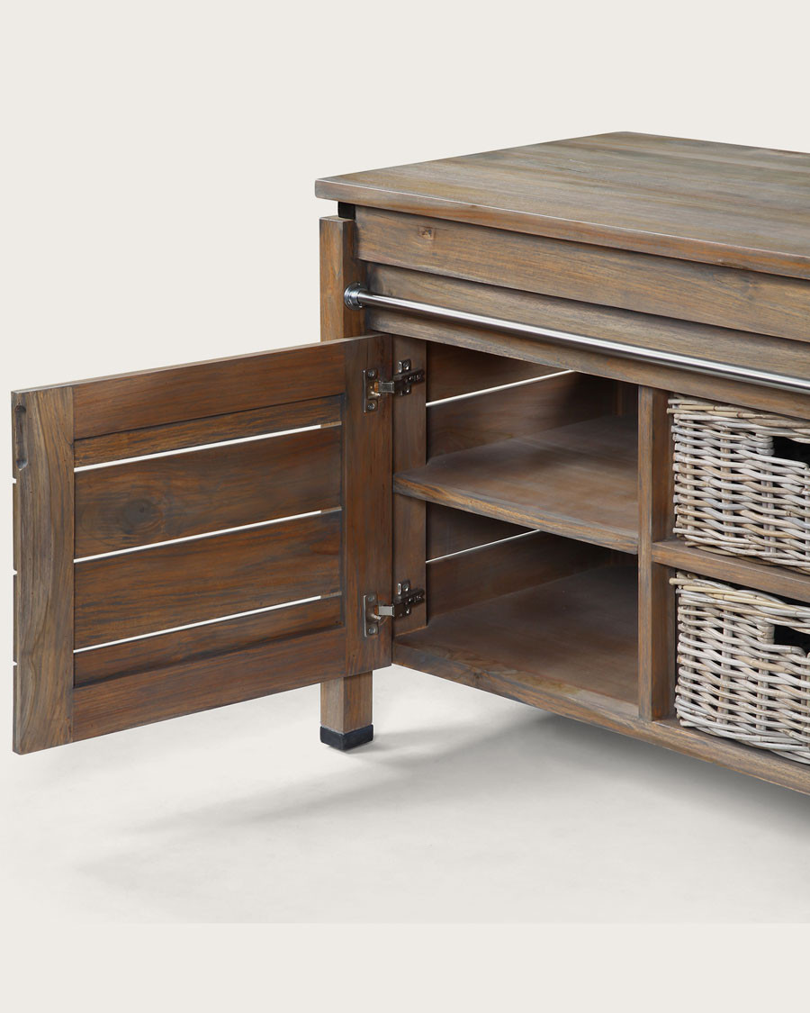 Borneo - Mueble de lavabo doble con encimera de madera y cesta de ratán