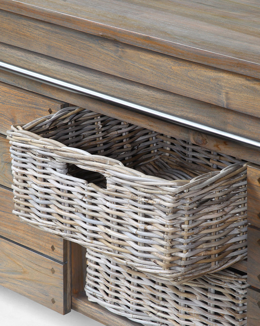Borneo - Double sink unit with wooden top and rattan basket
