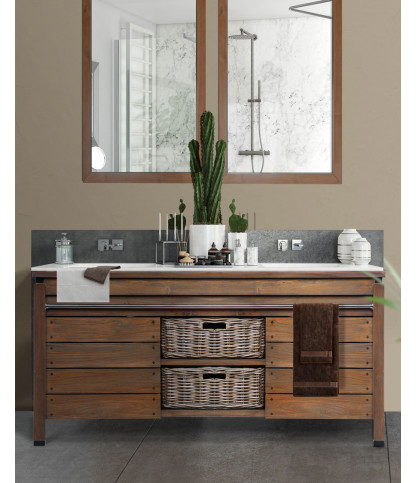 Borneo - Double sink unit with wooden top and rattan basket