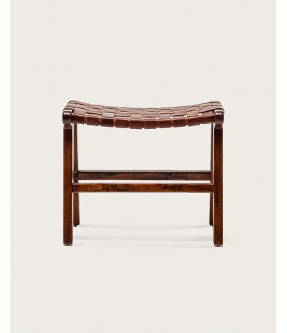 Taka - Kleiner Hocker aus massivem Teakholz und gewebtem braunem Leder