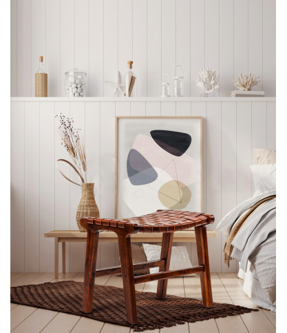 Taka - Small stool in solid teak and woven brown leather