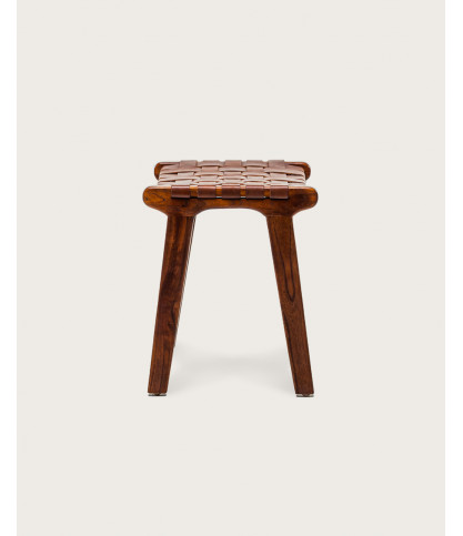 Taka - Kleiner Hocker aus massivem Teakholz und gewebtem braunem Leder