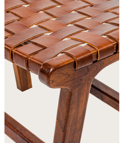 Taka - Kleiner Hocker aus massivem Teakholz und gewebtem braunem Leder