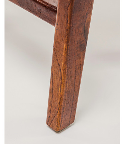 Taka - Small stool in solid teak and braided brown leather