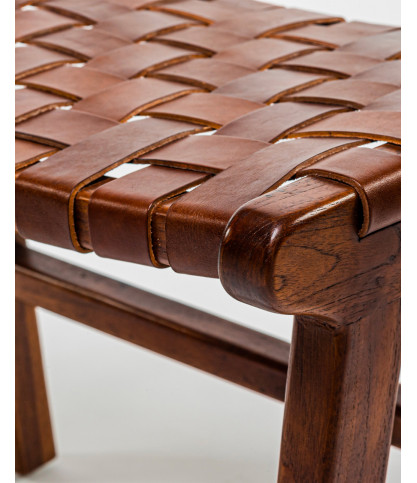 Taka - Small stool in solid teak and woven brown leather