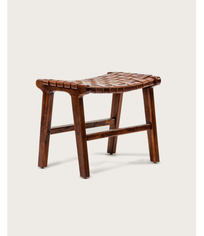Taka - Small stool in solid teak and woven brown leather