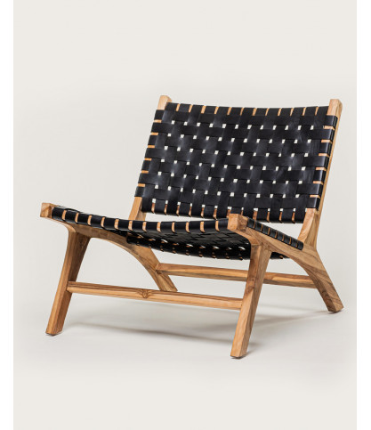 Babass - Fauteuil design en cuir tressé noir et teck massif