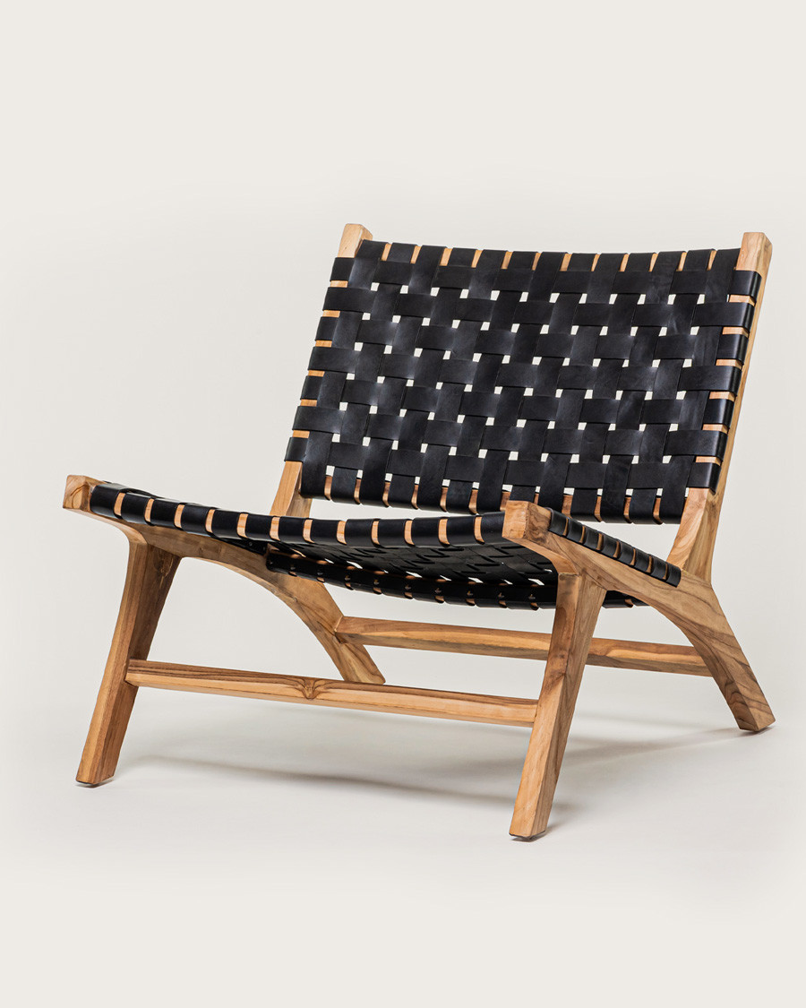Babass - Fauteuil design en cuir tressé noir et teck massif