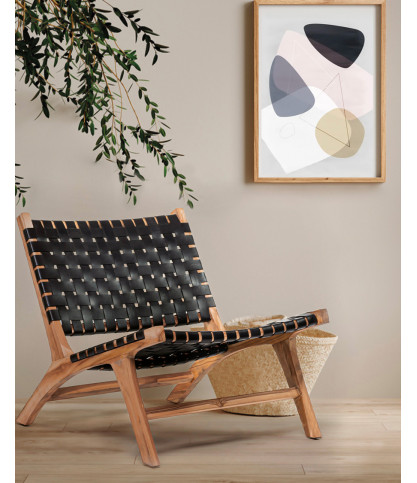 Babass - Fauteuil design en cuir tressé noir et teck massif