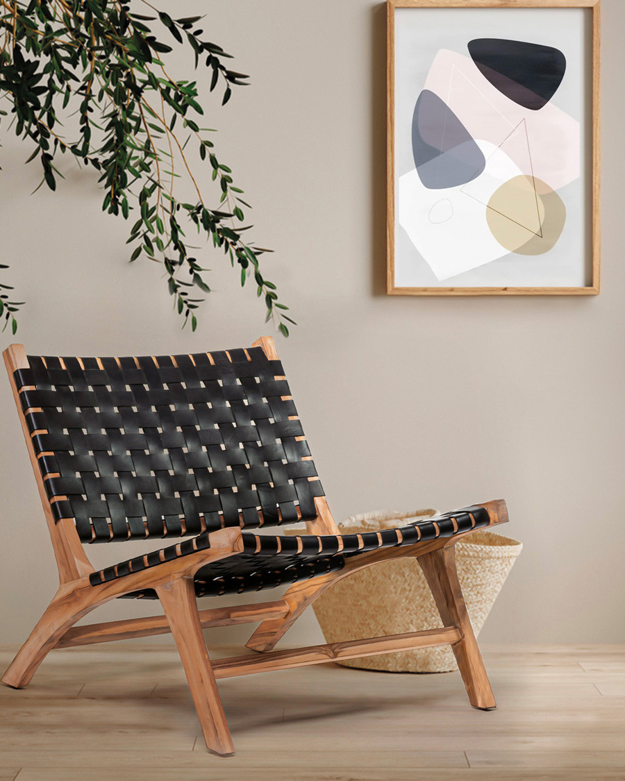 Babass - Fauteuil design en cuir tressé noir et teck massif