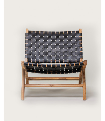 Babass - Fauteuil design en cuir tressé noir et teck massif