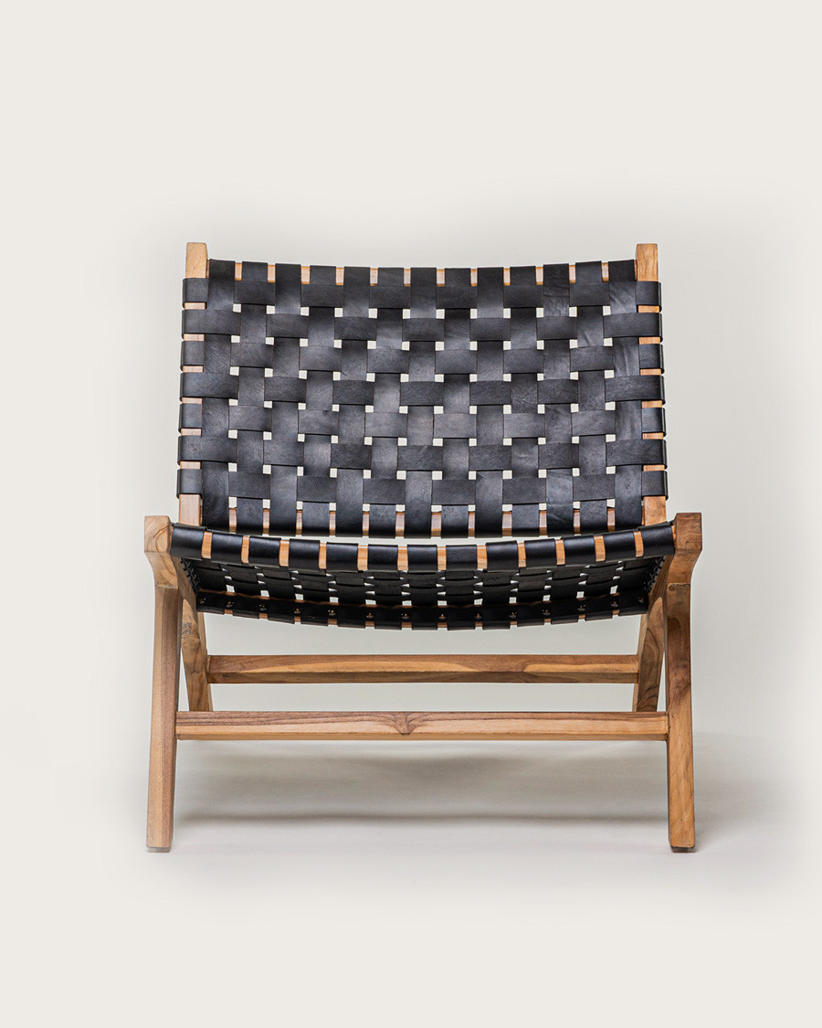 Babass - Fauteuil design en cuir tressé noir et teck massif