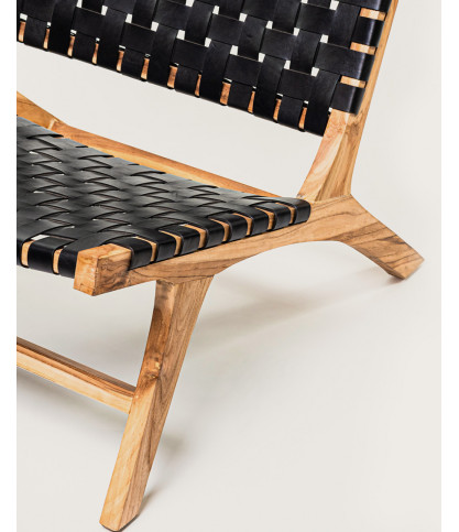 Babass - Fauteuil design en cuir tressé noir et teck massif