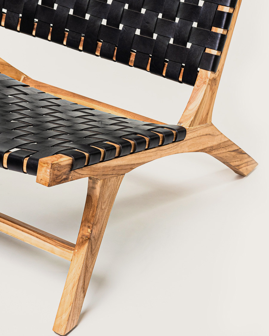 Babass - Fauteuil design en cuir tressé noir et teck massif