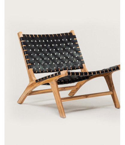 Babass - Fauteuil design en cuir tressé noir et teck massif