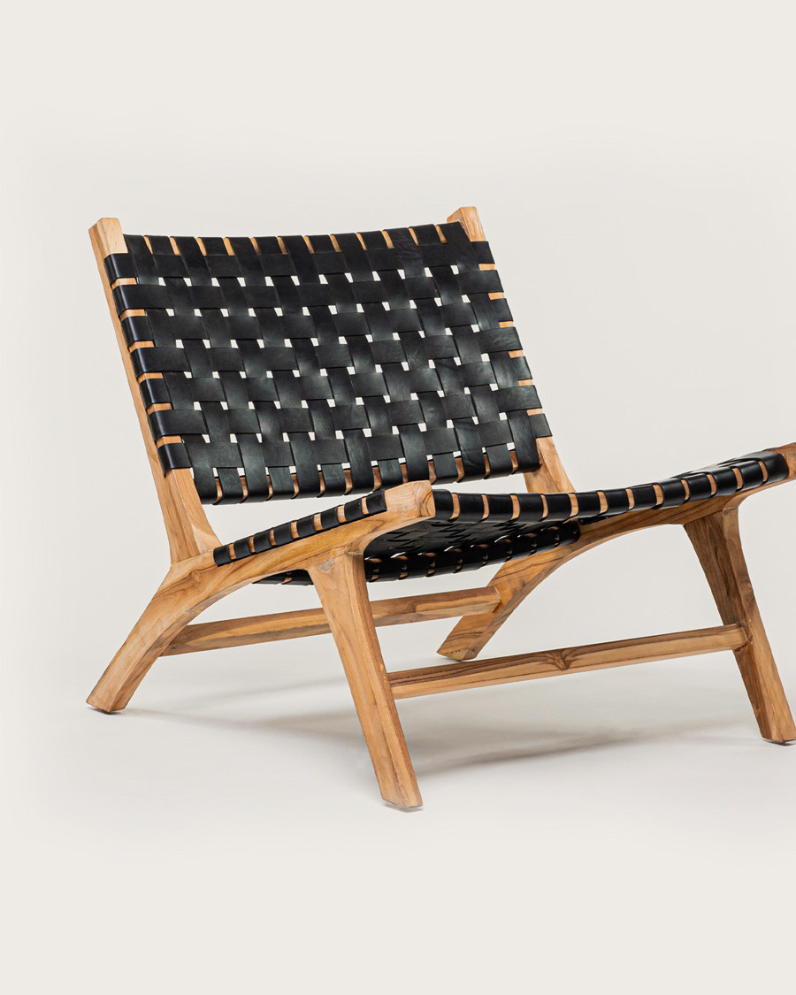 Babass - Fauteuil design en cuir tressé noir et teck massif