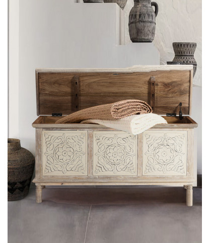Mala - Baúl de almacenaje en madera maciza de mango encalado L100 cm