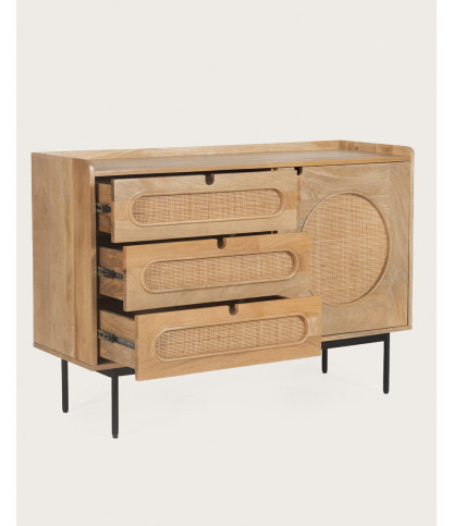 Kali - Chest of drawers in solid mango wood and rattan cane