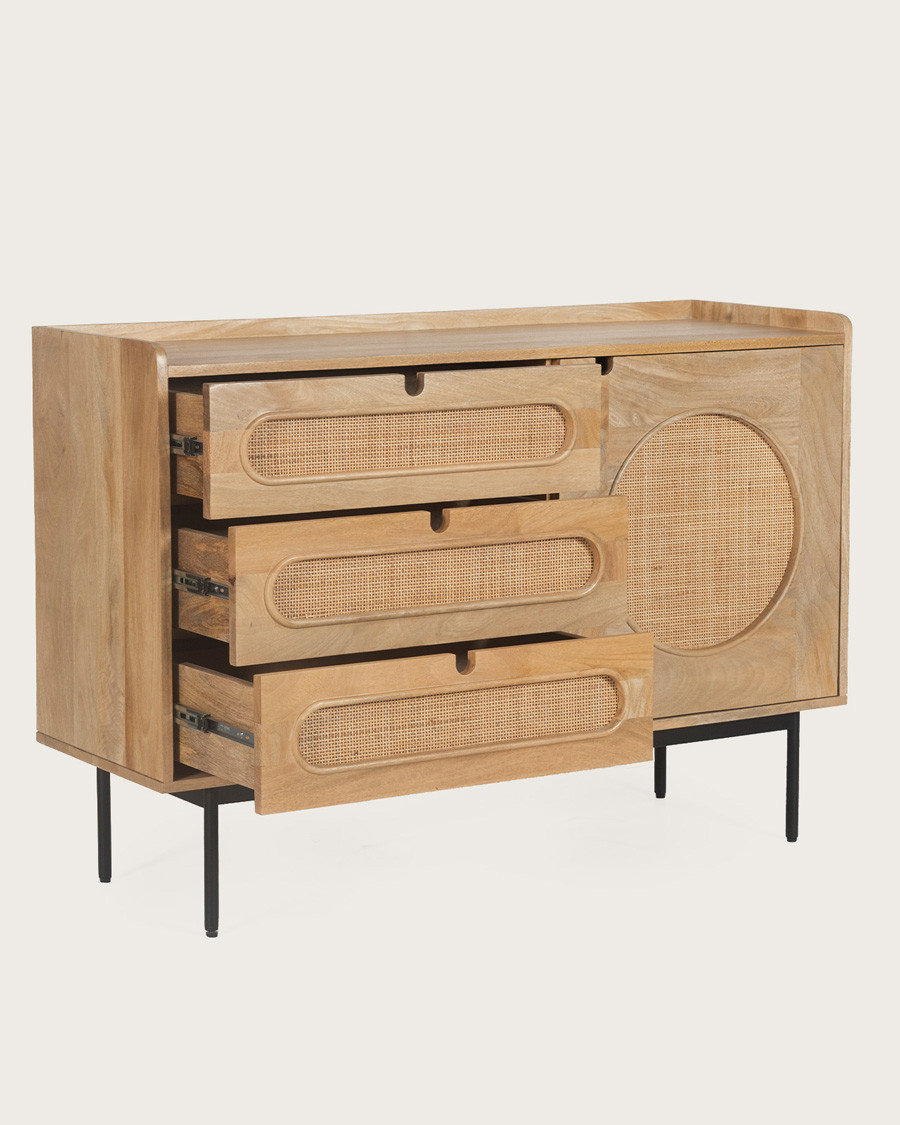 Kali - Commode van massief mangohout met rotan vlechtwerk