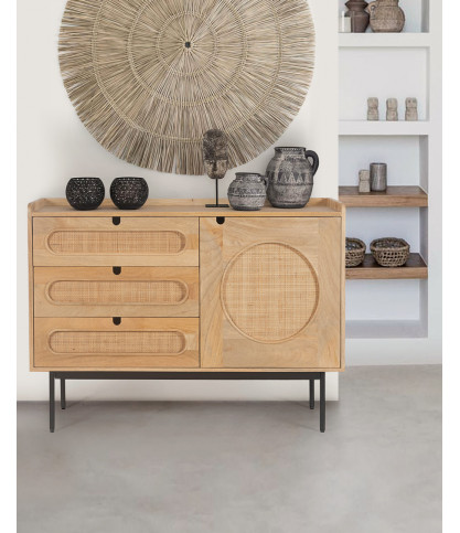 Kali - Cassettiera in legno massello di mango e intreccio di rattan