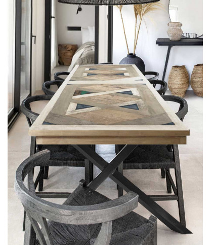 Bucarest - Mesa de comedor de madera maciza de mango con marquetería L200 cm, 10 personas.