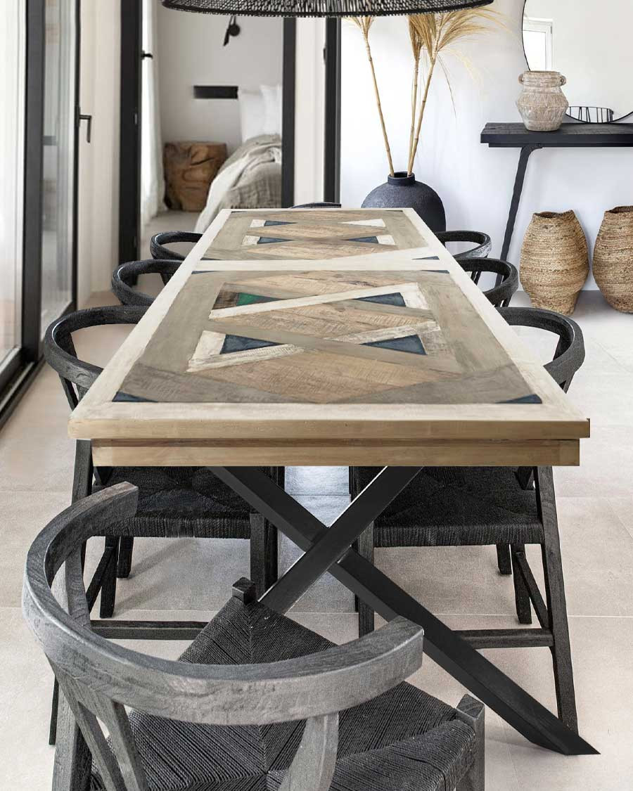 Bucarest - Mesa de comedor de madera maciza de mango con marquetería L200 cm, 10 personas.