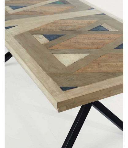 Bucarest - Mesa de comedor de madera maciza de mango con marquetería L200 cm, 10 personas.