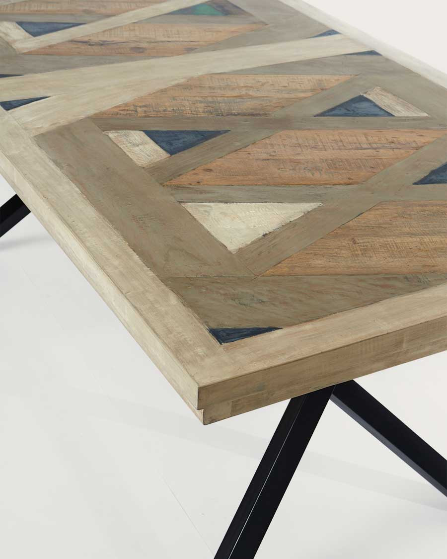 Bucarest - Mesa de comedor de madera maciza de mango con marquetería, 200 cm de largo, para 10 personas.