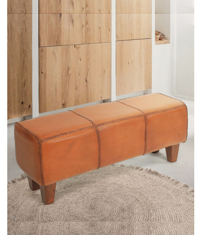 Tula - Upholstered bench in solid teak and brown leather